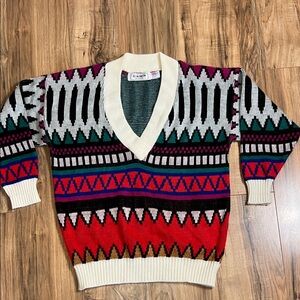 Vintage 1990s Western Connection V-neck Aztec Geometric Stripe Sweater Sz M